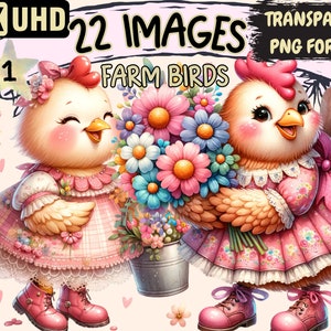 Farm Birds Clipart - 22 PNG Barnyard Little Bird Graphics, Cute Ranch Animals Printables, Instant Digital Download, Unlimited Commercial Use