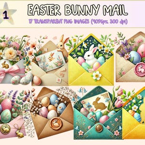 Easter Bunny Mail Clipart - 17 PNG Spring Bunnies Letter Graphics, Festive Envelope Illustrations, Instant Digital Download, Commercial Use