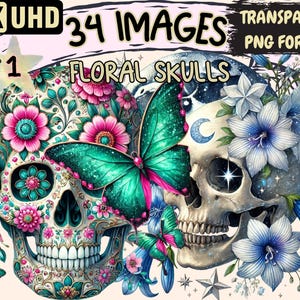 Floral Skulls Clipart - 34 PNG Flower-Adorned Skull Illustrations, Gothic Art, Instant Digital Download, Unlimited Commercial Use for Crafts