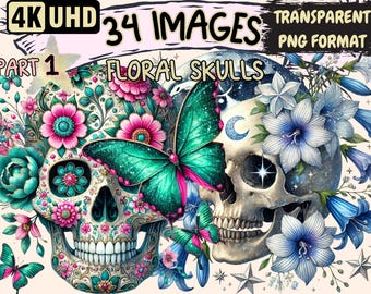 Floral Skulls Clipart – 34 PNG Gothic Art Illustrations (Digital Download)