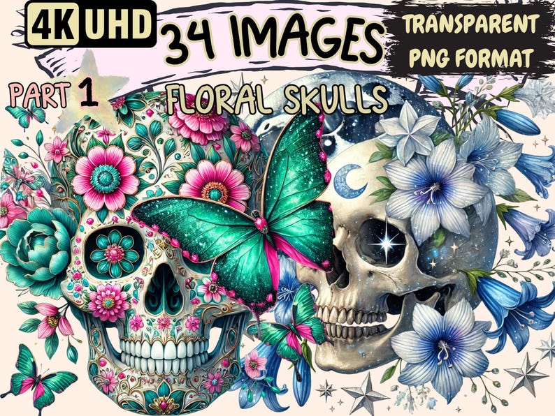 May include: Two colorful sugar skulls decorated with flowers and butterflies. The skull on the left is adorned with pink and green flowers, while the skull on the right is surrounded by blue flowers. Both skulls have a white background and are set against a light pink background.