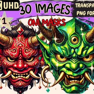Oni Masks Clipart - 30 PNG Traditional Japanese Mask Illustrations, Mythical Art, Instant Digital Download, Unlimited Commercial Use Crafts