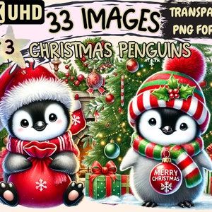 Christmas Penguins (P3) Clipart - 33 PNG Holiday Penguin Illustrations, X-mas Art, Instant Digital Download, Unlimited Commercial Use Crafts