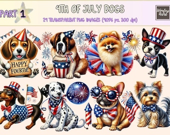 4th of July Dogs Clipart – Patriotic Puppy PNG Graphics (Digital Download)