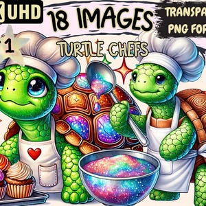 Turtle Chefs Clipart - 18 PNG Culinary Tortoise Illustrations, Cooking Art, Instant Digital Download, Unlimited Commercial Use for Crafts
