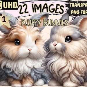 Fluffy Bunnies Clipart - 22 PNG Adorable Bunny Graphics, Cute Printables, Instant Digital Download, Unlimited Commercial Use Crafts Designs
