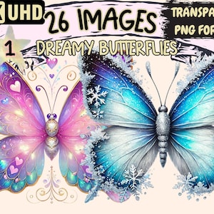 Dreamy Butterflies (P1) Clipart - 26 PNG Enchanting Whimsical Butterfly Illustrations, Instant Digital Download, Unlimited Commercial Use