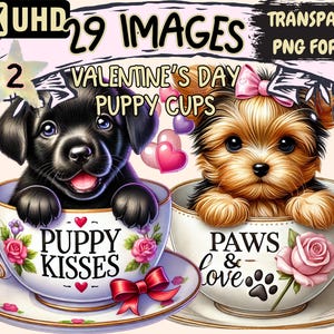 Valentine's Day Puppy Cups (P2) Clipart - 29 PNG Adorable Dog Graphics, Cup Printables, Instant Digital Download, Unlimited Commercial Use