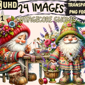 Cottagecore Gnomes Clipart - 24 PNG Cottage Gnome Graphics, Countryside Gnome Printables, Instant Digital Download, Unlimited Commercial Use