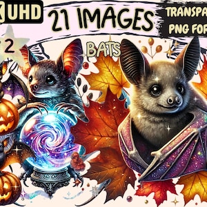 Bats (P2) Clipart - 21 PNG Flying Mammal Illustrations, Halloween Cute Bat Art, Instant Digital Download, Unlimited Commercial Use Crafts