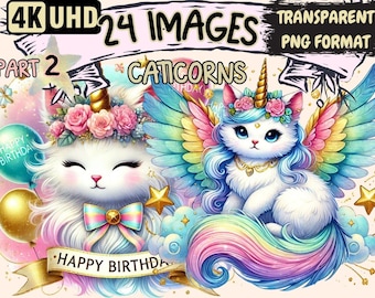 Caticorns Clipart – 24 PNG Magical Cat Unicorn Graphics (Digital Download)
