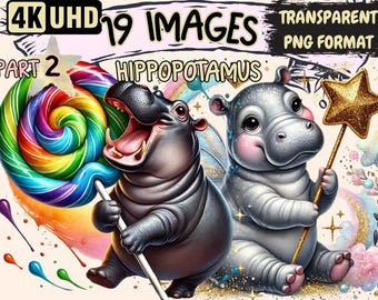 Hippopotamus (P2) Clipart - 19 PNG Cute Hippo Graphics, Adorable Animal Printables, Instant Digital Download, Unlimited Commercial Use