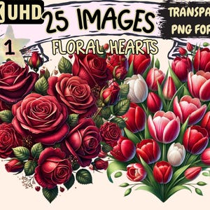 Floral Hearts Clipart - 25 PNG Romantic Valentine's Day Graphics, Heart Illustrations, Instant Digital Download, Unlimited Commercial Use