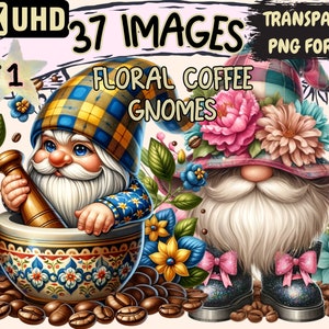 Floral Coffee Gnomes Clipart - 37 PNG Whimsical Gnome Graphics, Floral Coffee Printables, Instant Digital Download, Unlimited Commercial Use