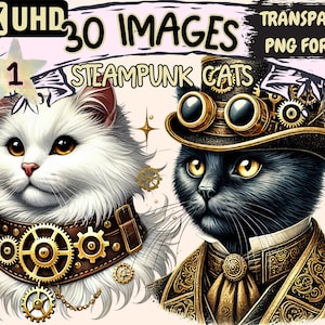 Steampunk Cats Clipart - 30 PNG Mechanical Feline Illustrations, Vintage Art, Instant Digital Download, Unlimited Commercial Use for Crafts