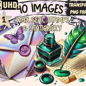 Wax Seal Stamps & Stationery Clipart - 40 PNG Writing Illustrations, Vintage Letter Art, Instant Digital Download, Unlimited Commercial Use