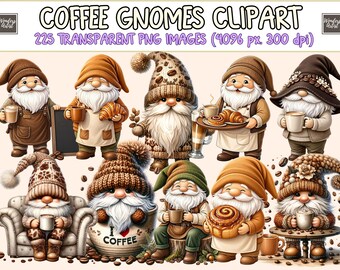 Coffee Gnomes Clipart - 225 PNG Cozy Coffee Gnome Graphics, Cafe & Bakery Printables, Instant Digital Download, Unlimited Commercial Use