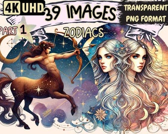 Zodiac Clipart – 39 PNG Astrological Graphics, Star Printables (Digital Download)