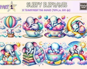 Sleepy Elephants Clipart – Dreamy Nursery Graphics (Digital Download)