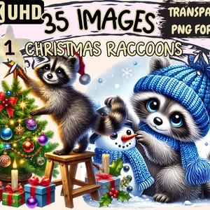 Christmas Raccoons Clipart - 35 PNG Festive Raccoon Illustrations, Holiday-Themed Art, Instant Digital Download, Unlimited Commercial Use