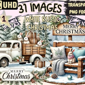 White Rustic Christmas Clipart - 31 PNG Merry Holiday Graphics, Farmhouse Printables, Instant Digital Download, Unlimited Commercial Use