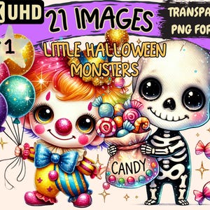 Little Halloween Monsters Clipart - 21 PNG Cute Spooky Illustrations, Festive Art, Instant Digital Download, Unlimited Commercial Use Crafts