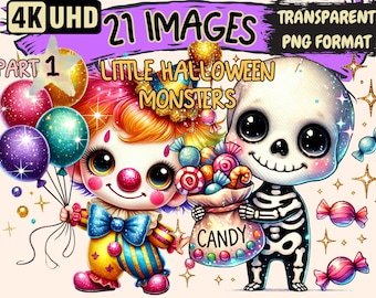 Little Halloween Monsters Clipart - 21 PNG Cute Spooky Illustrations, Festive Art, Instant Digital Download, Unlimited Commercial Use Crafts