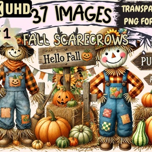 Fall Scarecrows Clipart - 37 PNG Charming Scarecrow Graphics, Autumn Printables, Instant Digital Download, Unlimited Commercial Use Crafts