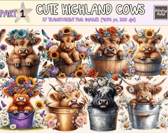 Cute Highland Cows Clipart Bundle - 57 PNG Adorable Highland Cattles, Cow Printables, Instant Digital Download, Unlimited Commercial Use