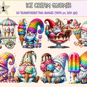 Ice Cream Gnomes Clipart - 30 PNG Sweet Summer Graphics, Fun Dessert Gnome Printable Illustrations, Instant Digital Download, Commercial Use