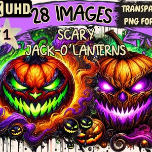 May include: A digital illustration of two scary jack-o'-lanterns with glowing green and purple eyes and mouths. The jack-o'-lanterns are surrounded by swirling smoke and fire.