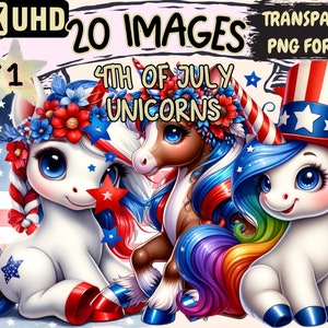 4th of July Unicorns Clipart - 20 PNG Festive Unicorn Graphics, Patriotic Printables, Instant Digital Download, Unlimited Commercial Use