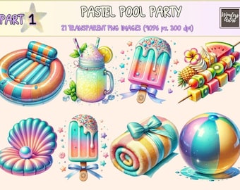 Pastel Pool Party Clipart – Summer Water Fun PNG Graphics (Digital Download)