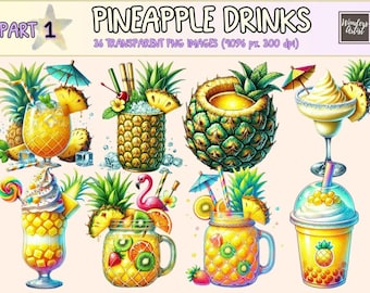 Pineapple Drinks Clipart – Tropical PNG Graphics, Summer Cocktails (Digital Download)