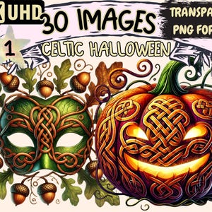 Celtic Halloween Clipart - 26 PNG Spooky Illustrations with Celtic Designs, Festive Art, Instant Digital Download, Unlimited Commercial Use