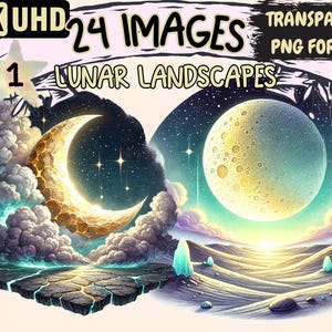 Lunar Landscapes Clipart - 24 PNG Moonlit Graphics, Cosmic Space Illustrations, Celestial Printables,Instant Digital Download,Commercial Use