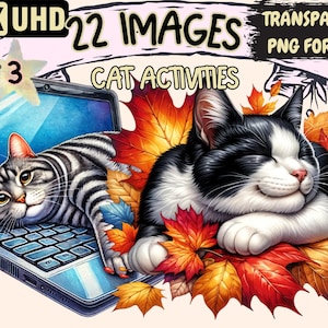 Cat Activities (P3) Clipart - 22 PNG Playful Cat Graphics, Fun Kitty Printables, Instant Digital Download, Unlimited Commercial Use Crafts
