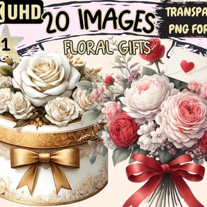 Floral Gifts Clipart Bundle - 20 PNG Beautiful Romantic Graphics, Love Basket Printables, Instant Digital Download, Unlimited Commercial Use