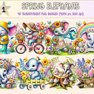 Spring Elephants Clipart - 40 PNG Cute Seasonal Graphics, Floral Elephant Printable Illustrations, Instant Digital Download, Commercial Use