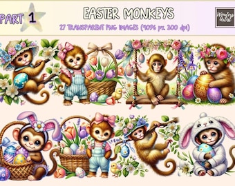 Easter Monkeys Clipart – 27 PNG Spring Graphics (Commercial Use)