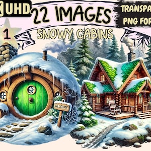 Snowy Cabins Clipart - 22 PNG Winter Cabin Illustrations, Holiday Graphics and Printables, Instant Digital Download,Unlimited Commercial Use