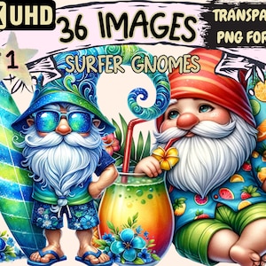 Surfer Gnomes Clipart - 36 PNG Beach Gnome Graphics, Cute Colorful Surfing Printables, Instant Digital Download, Unlimited Commercial Use