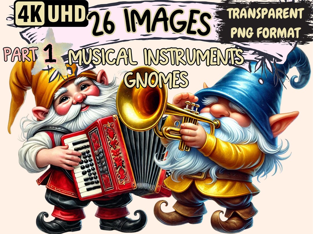 Musical Instrument Gnomes Clipart 26 PNG Gnome Musicians Illustrations
