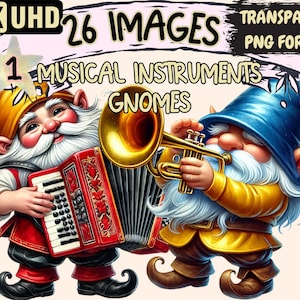 Musical Instrument Gnomes Clipart - 26 PNG Gnome Musicians Illustrations, Whimsical Art, Instant Digital Download, Unlimited Commercial Use