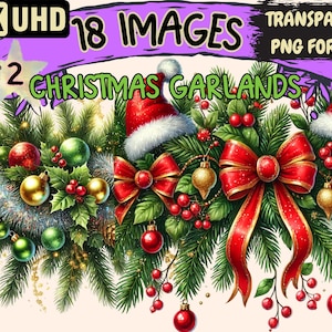 Christmas Garlands (P2) Clipart - 18 PNG Festive Garland Illustrations, Holiday Décor Art, Instant Digital Download,Unlimited Commercial Use