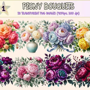 Peony Bouquets Clipart - 28 PNG Elegant Floral Graphics, Romantic Peonies Flowers Illustrations, Instant Digital Download, Commercial Use
