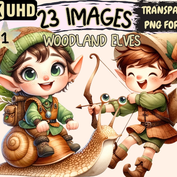 Woodland Elves Clipart - 23 PNG Forest Elf Graphics, Cute Fantasy Fairytale Printables, Instant Digital Download, Unlimited Commercial Use