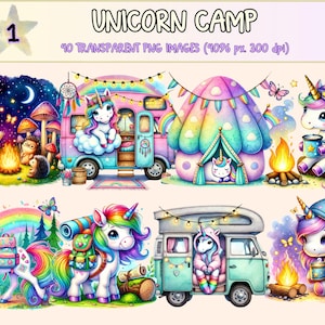 Unicorn Camp Clipart - 40 PNG Magical Adventure Graphics, Fantasy Tent Printable Illustrations, Instant Digital Download, Commercial Use