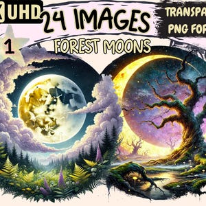 Forest Moons Clipart - 24 PNG Enchanted Lunar Illustrations Amidst Forest Scenes, Instant Digital Download, Unlimited Commercial Use
