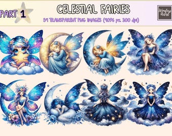 Celestial Fairies Clipart: Night Sky PNG Graphics (Commercial Use, Digital Download)
